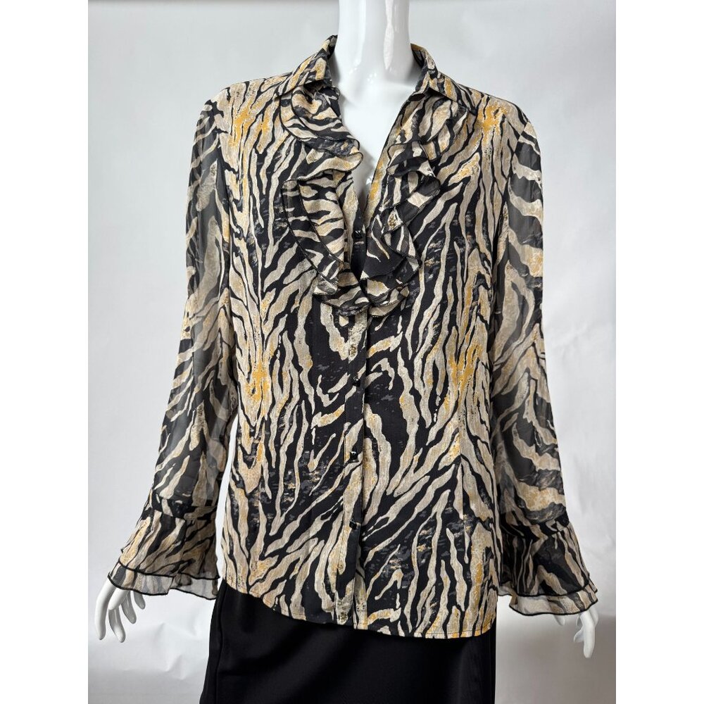 Coldwater Creek M Zebra Silk Print Ruffled Blouse Lined